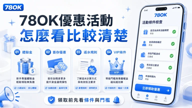 78OK 優惠活動怎麼看?官方活動分類、領取條件與提款前檢查 9 78OK 優惠活動怎麼看比較清楚封面圖