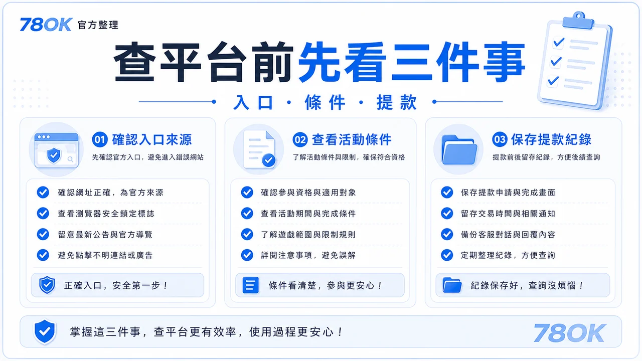 78OK 平台查詢前檢查圖，包含入口來源、活動條件與提款紀錄