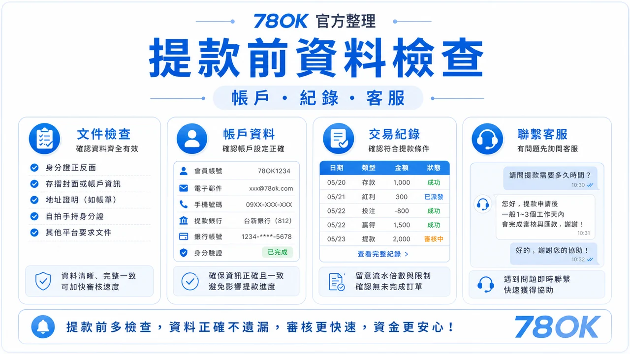 78OK 提款資料檢查圖，包含帳戶、紀錄與客服