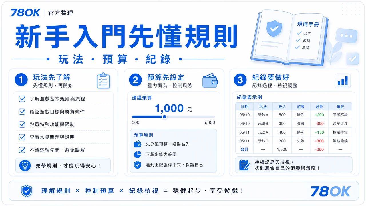78OK 新手規則預算圖，包含玩法、預算與紀錄