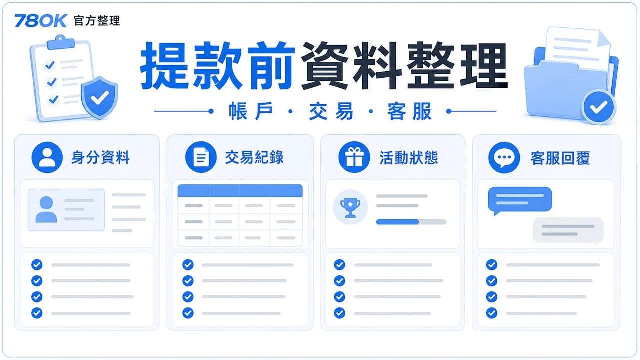 78OK 提款前資料整理圖，包含帳戶、交易與客服