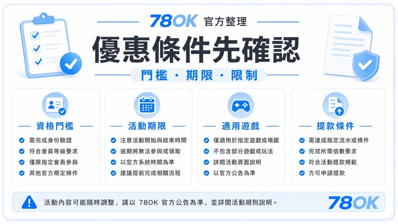 包你發娛樂城資訊怎麼看?78OK 官方整理遊戲、優惠與提款檢查 3 78OK 優惠條件確認圖,包含門檻、期限與限制
