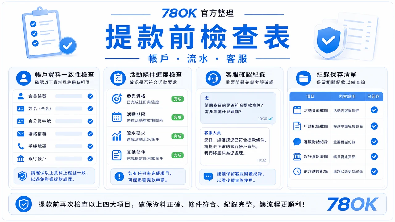 包你發娛樂城資訊怎麼看?78OK 官方整理遊戲、優惠與提款檢查 4 78OK 提款前檢查表圖,包含帳戶、流水與客服