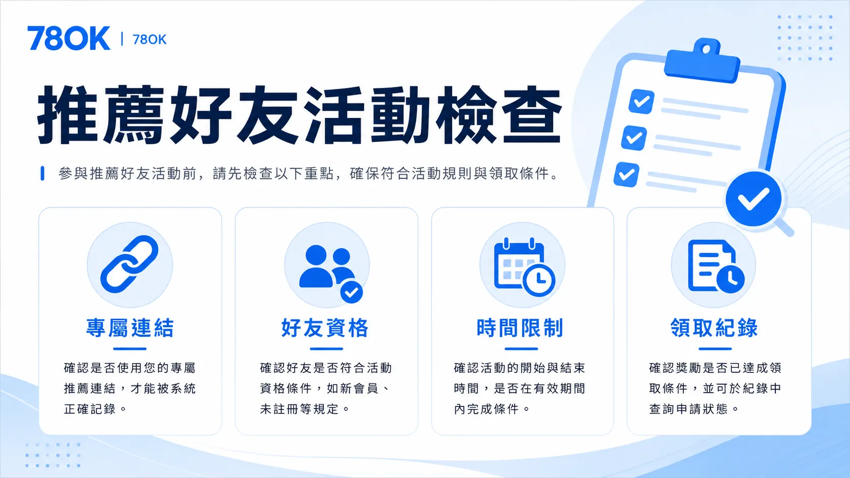 78OK 推薦好友活動怎麼參加?官方整理條件、流程與領取檢查 2 78OK 推薦好友活動檢查圖,整理專屬連結、好友資格、時間限制與領取紀錄