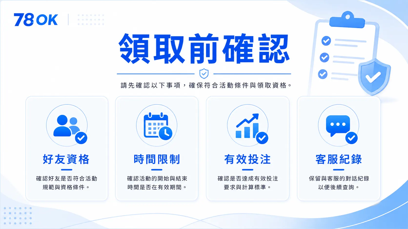78OK 推薦好友活動怎麼參加?官方整理條件、流程與領取檢查 4 78OK 推薦好友領取前確認圖,整理好友資格、時間限制、有效投注與客服紀錄