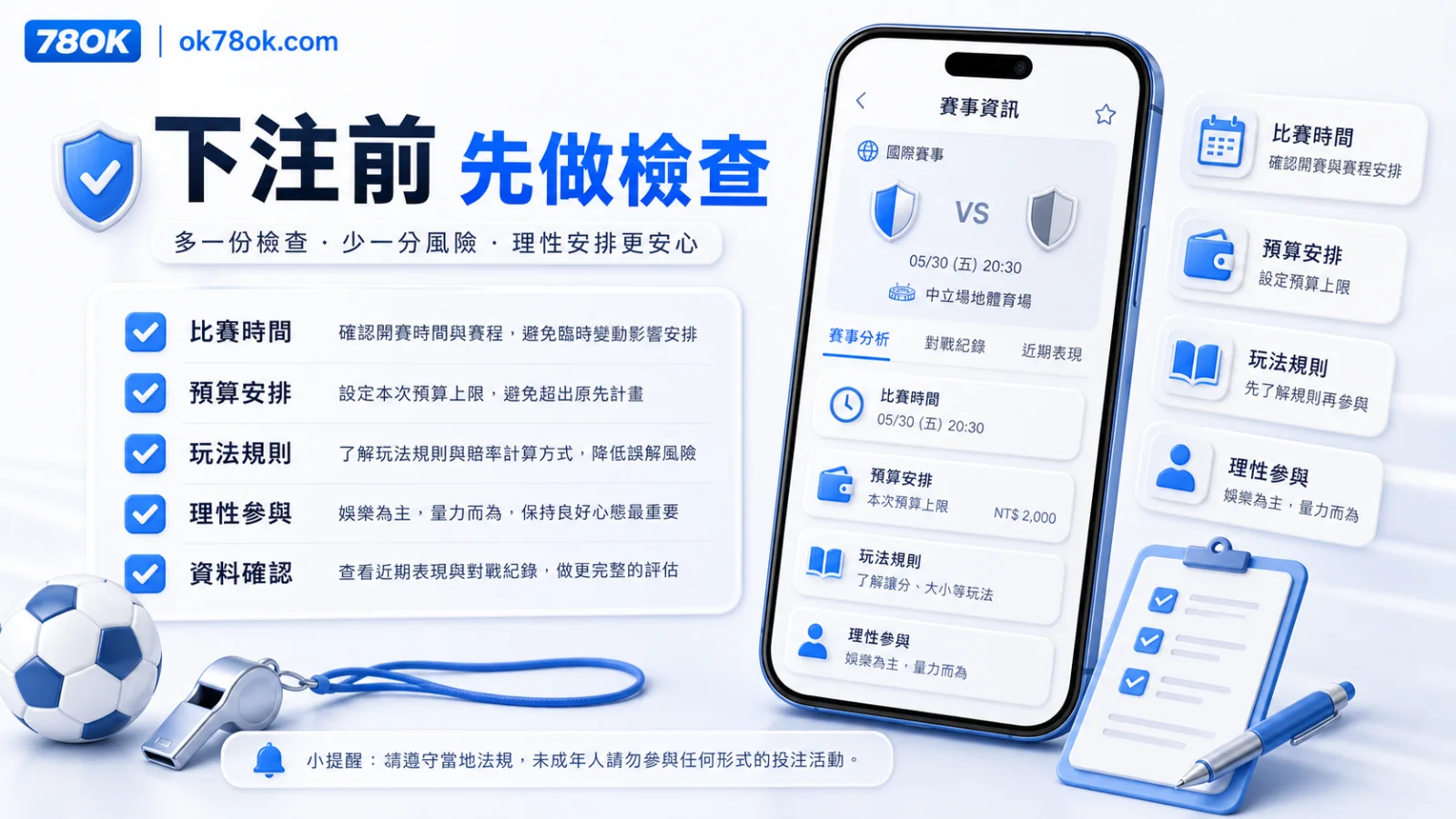 78OK 體育賽前檢查圖，包含比賽時間、預算與玩法規則