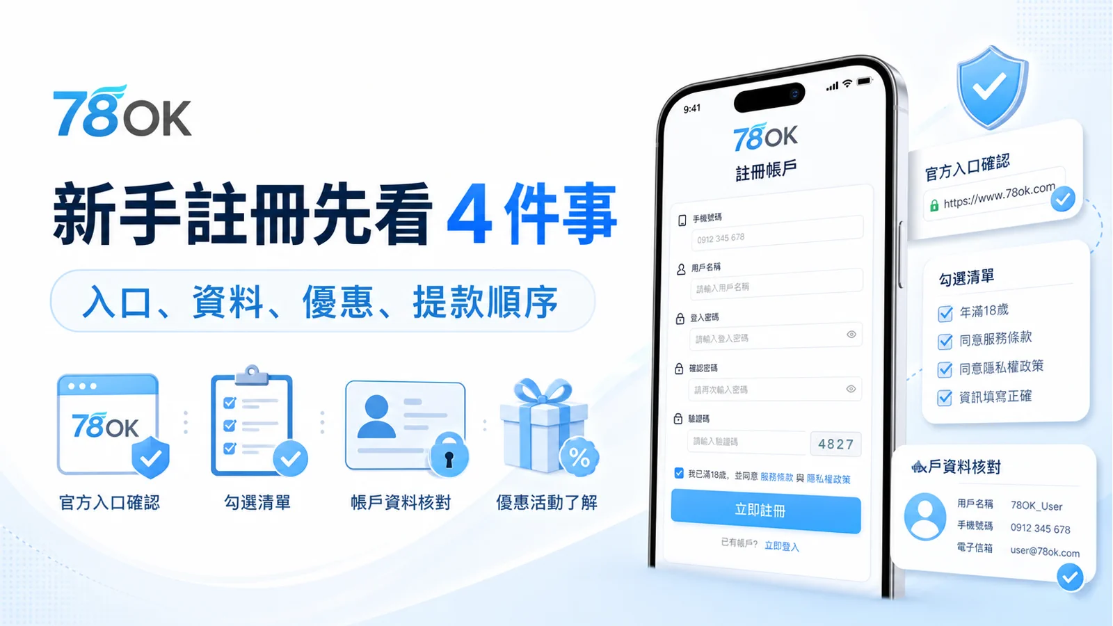 78OK 新手註冊先看 4 件事圖卡，整理入口、資料、優惠與提款順序