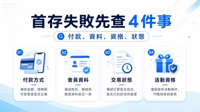 78OK 首存失敗先查 4 件事圖卡，整理付款、資料、資格與交易狀態