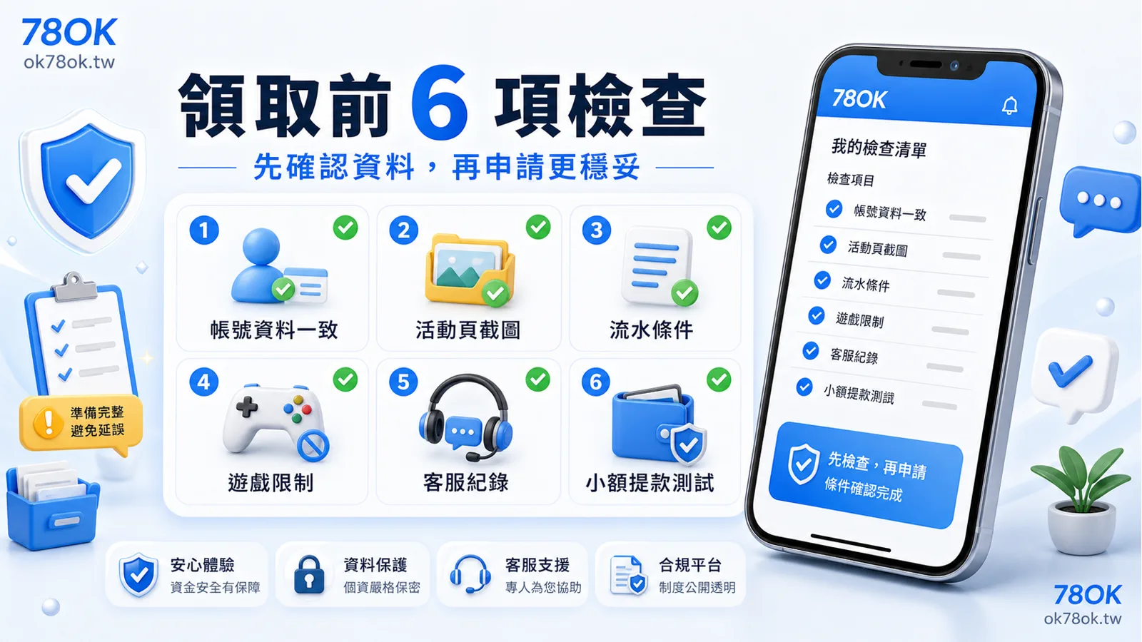 78OK 體驗金怎麼領?註冊條件、使用限制與首存差異整理 5 78OK 體驗金領取前 6 項檢查,整理帳號資料一致、活動頁截圖、流水條件、遊戲限制、客服紀錄與小額提款測試
