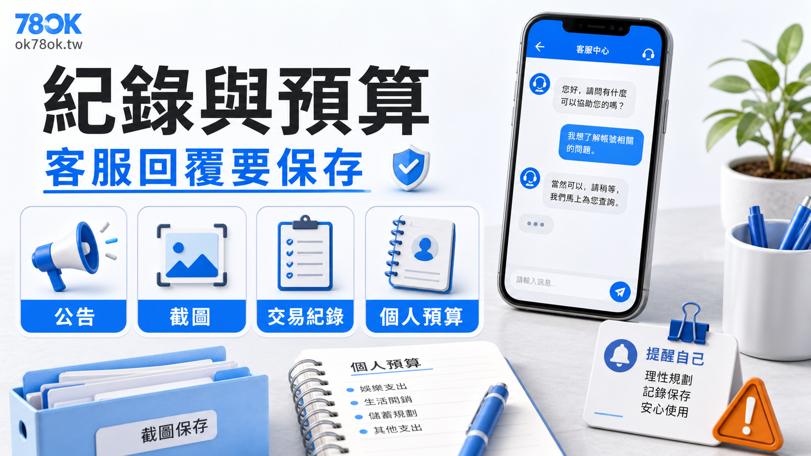 78OK 優惠參與紀錄與預算檢查圖，畫面呈現客服對話、截圖資料夾與預算筆記，提醒保存活動回覆與控制支出。