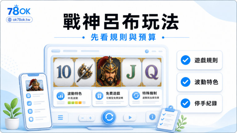RSG 戰神呂布老虎機怎麼玩?特色、波動與預算檢查 1 78OK 戰神呂布玩法封面,白底冰藍介面呈現遊戲規則、波動特色與停手紀錄。